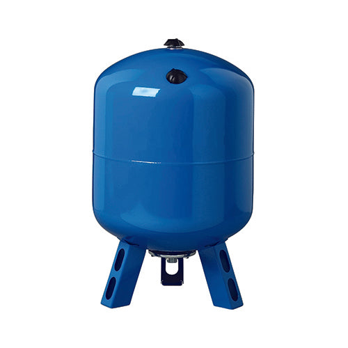 A blue vertical aquasystem reliance expansion vessel with three legs, flange connections, and a label on the front.